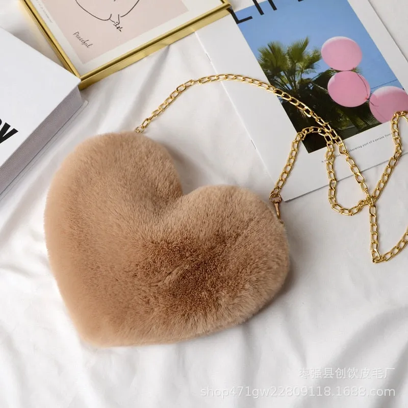 Cellphone Purse Plush Heart Shaped Crossbody Bag with Chain Cute Fluffy Shoulder Bag for Women