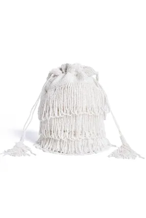 Channel Hand Embellished Fringe Bucket Bag in White