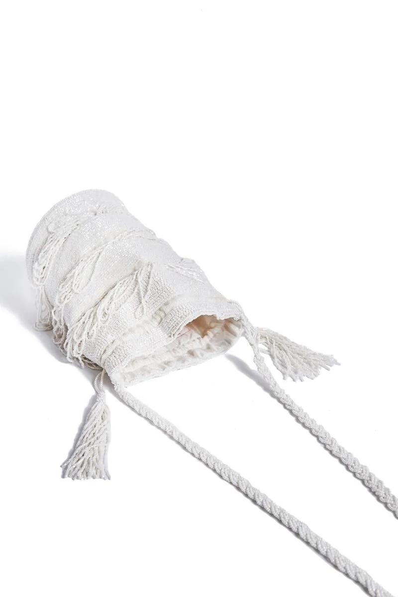 Channel Hand Embellished Fringe Bucket Bag in White