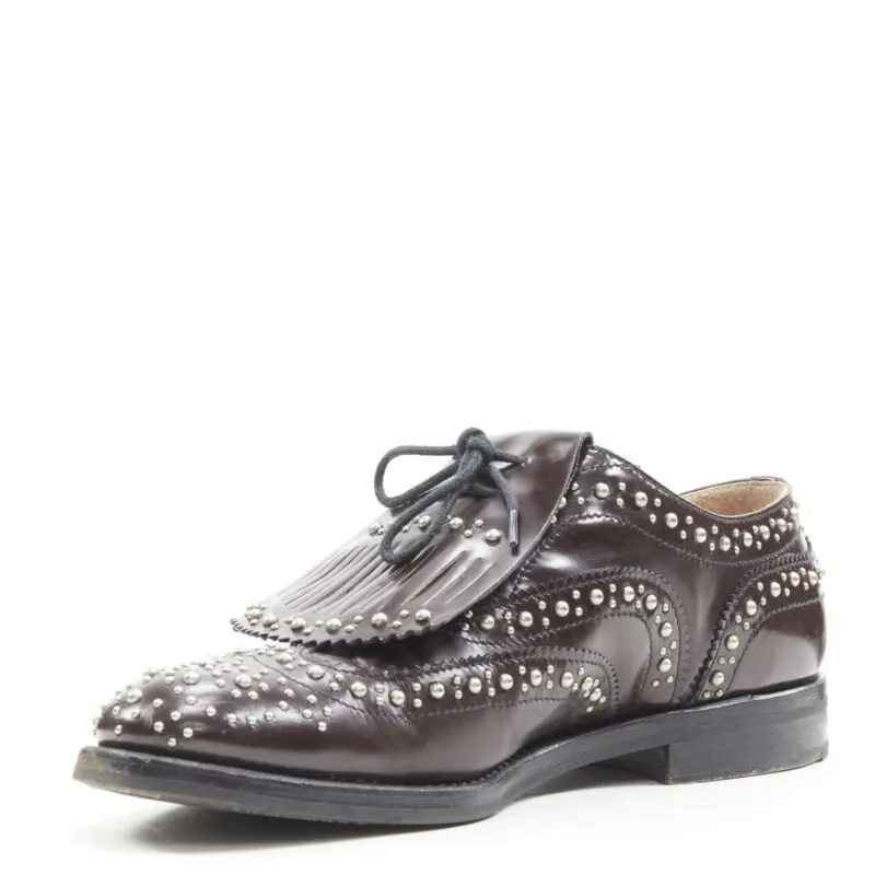 CHURCH'S Burwood Met Cordovan dark brown silver studded fringe brogue EU36