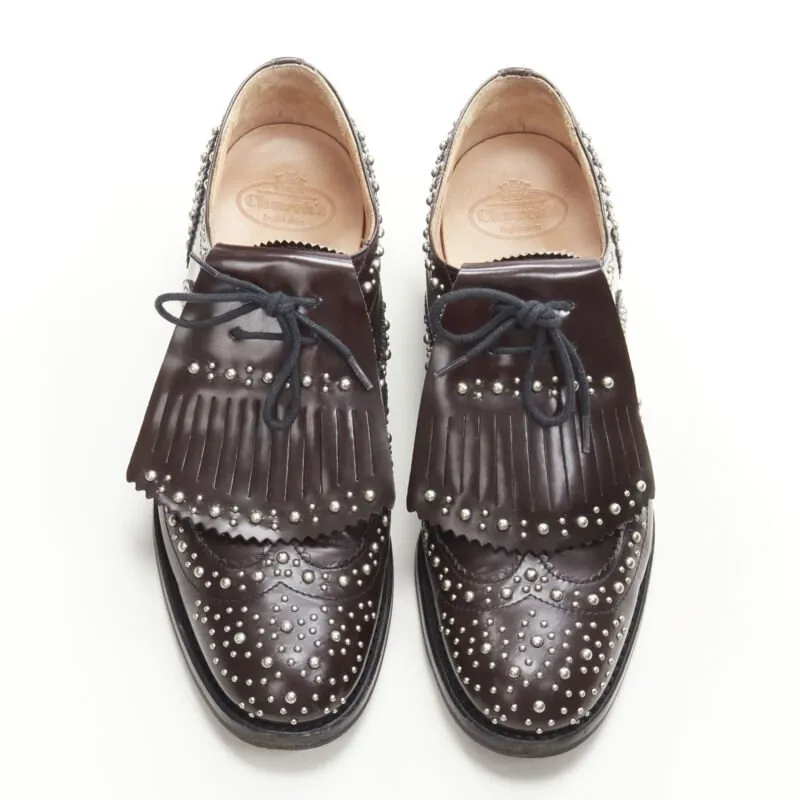 CHURCH'S Burwood Met Cordovan dark brown silver studded fringe brogue EU36