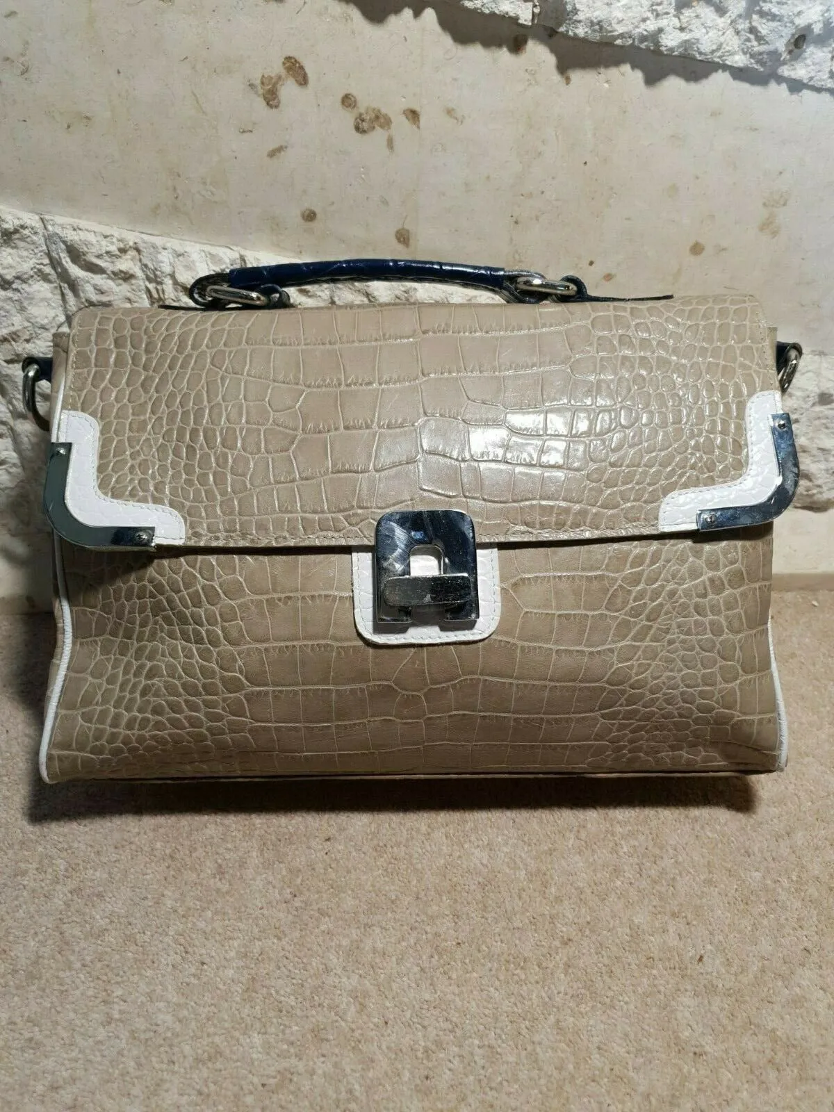 Claudia Firenze Large Beige Leather Croc Embossed Bag Satchel