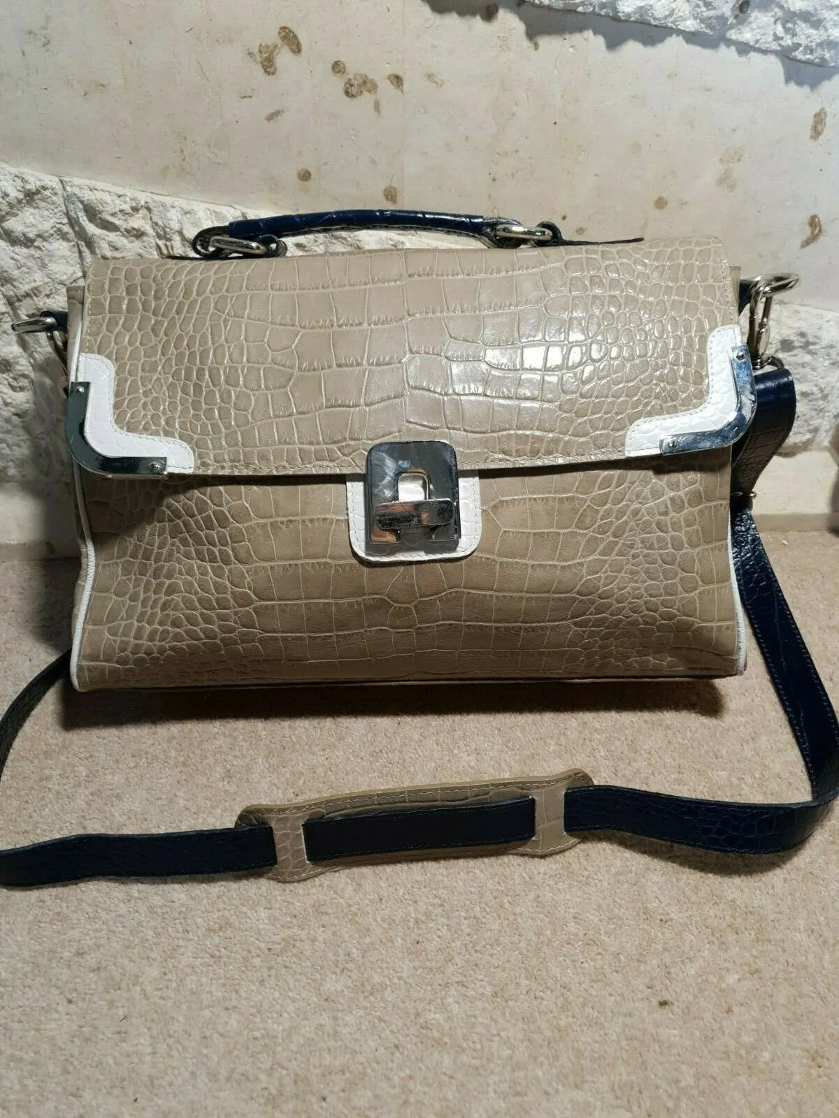 Claudia Firenze Large Beige Leather Croc Embossed Bag Satchel