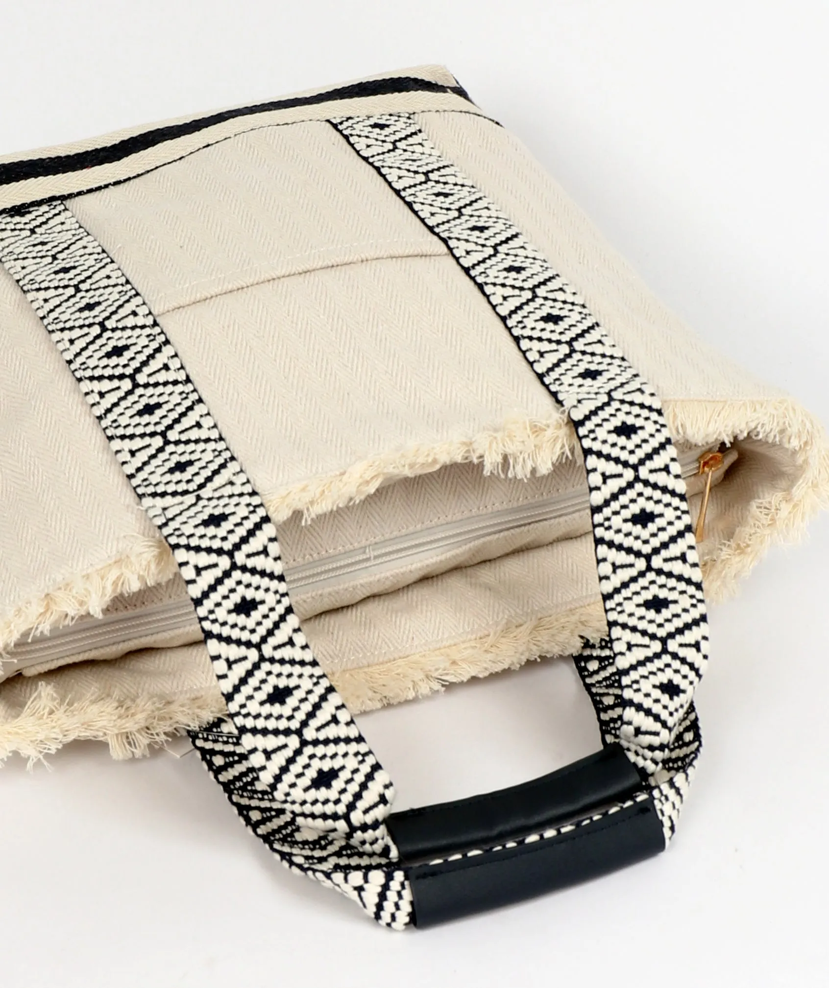 Cream Cotton Tote with Aztec Pattern and Fringe Trim