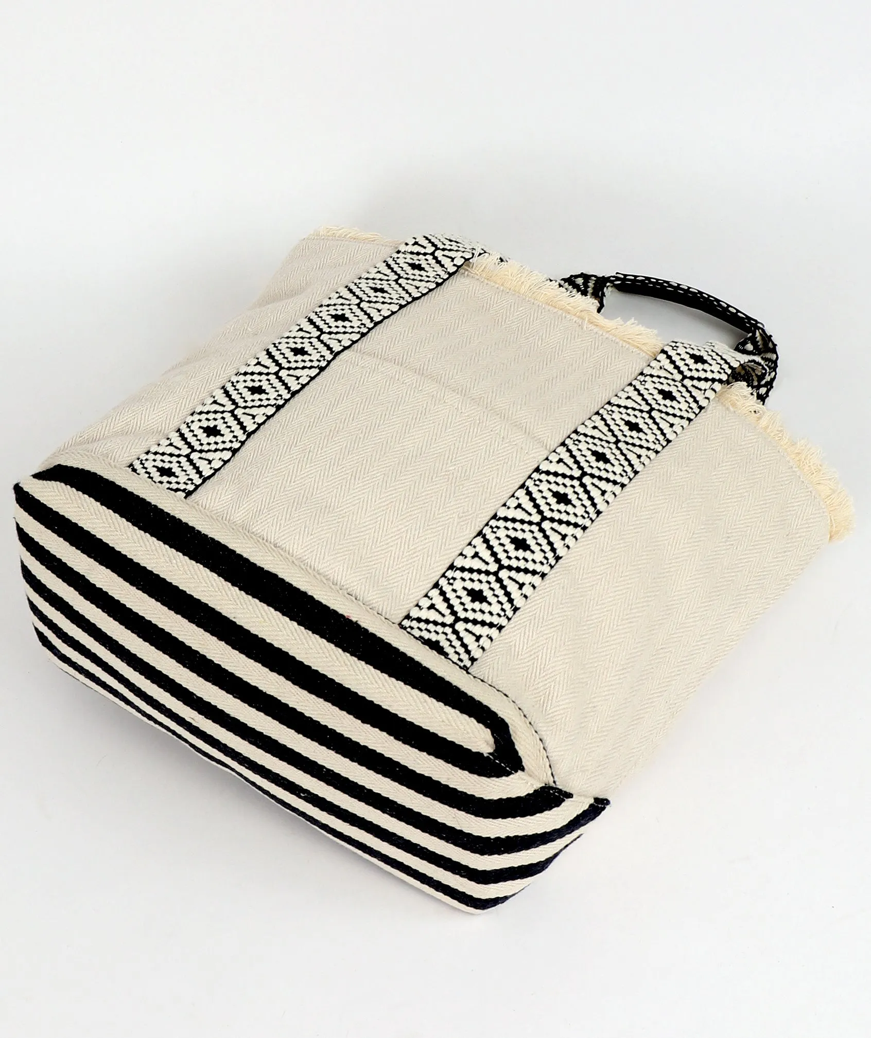 Cream Cotton Tote with Aztec Pattern and Fringe Trim