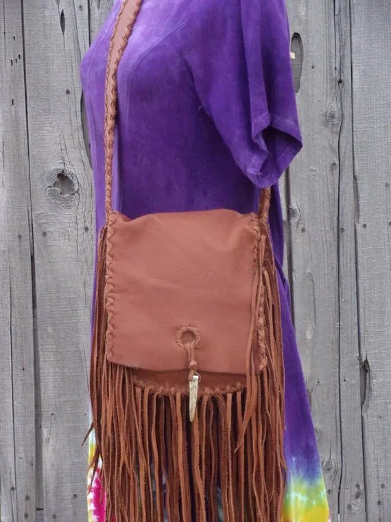 Crossbody shoulder bag with fringe, Fringed leather purse