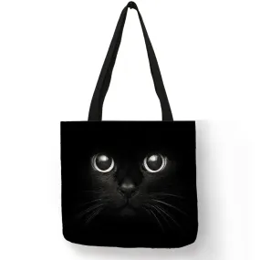 Cute Black Cat Print Linen Foldable Tote Bag