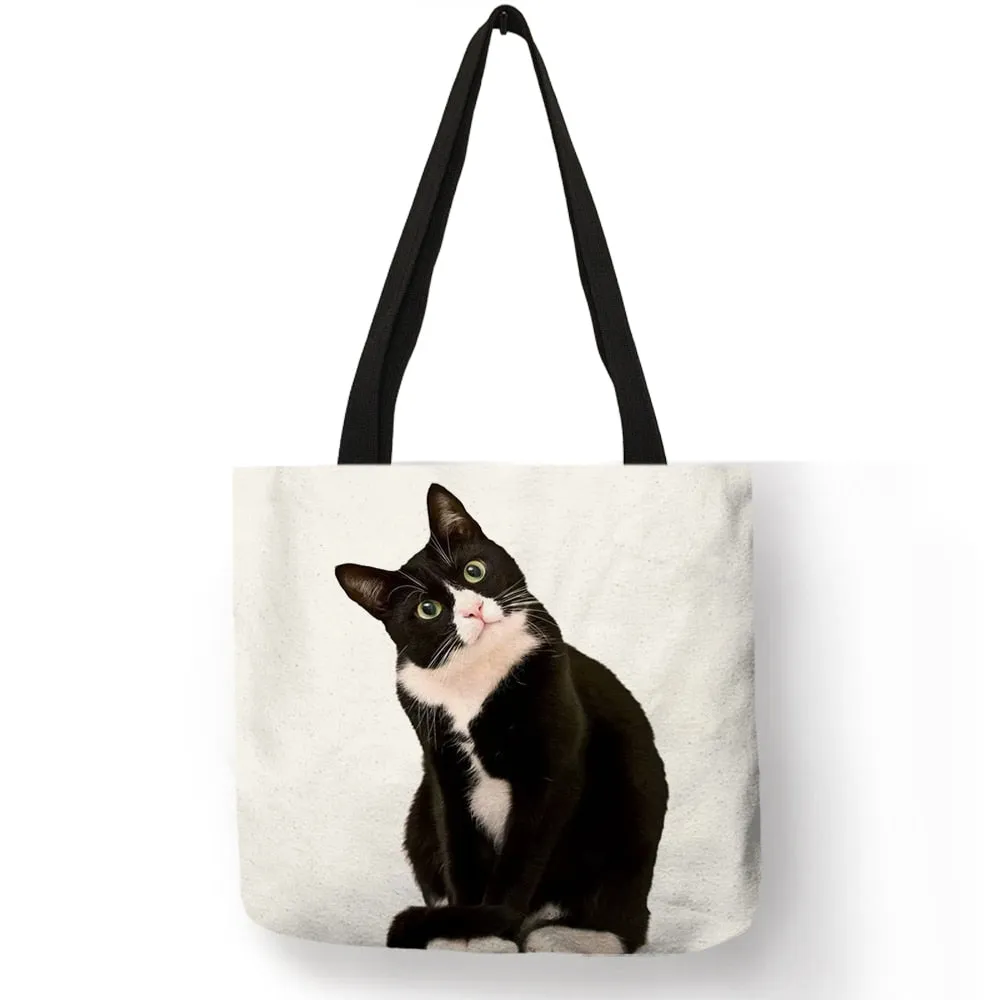 Cute Black Cat Print Linen Foldable Tote Bag