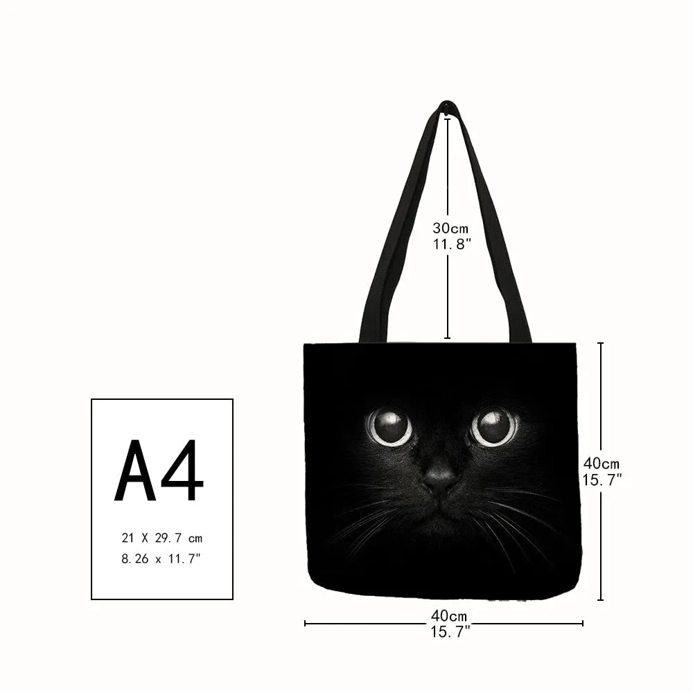 Cute Black Cat Print Linen Foldable Tote Bag