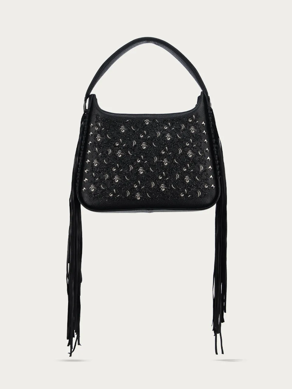 D1349 - LADIES BLACK FRINGE AND OVERLAY GLITTLER SADDLE BAG