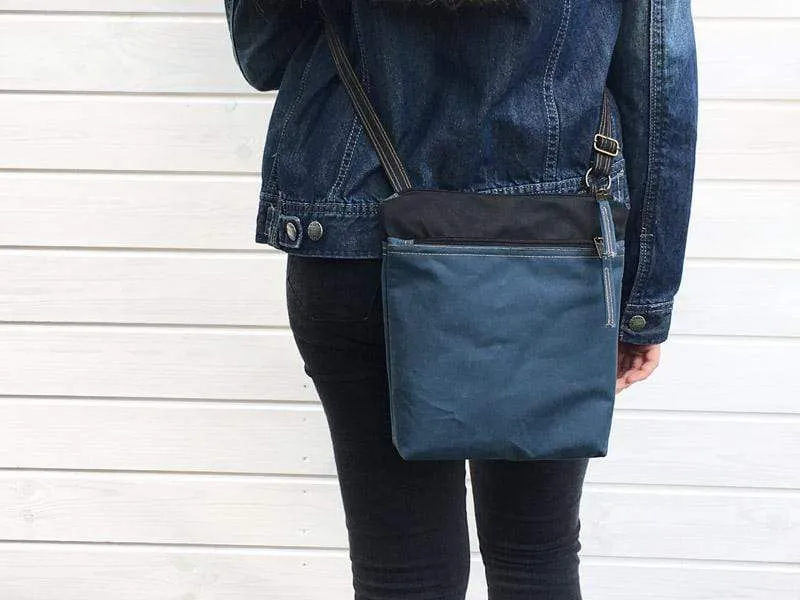 Denim Blue and Black Waxed Canvas Cross Body Bag | Aris Bags