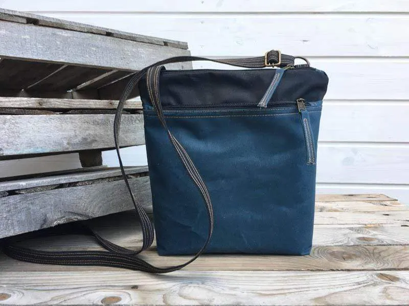 Denim Blue and Black Waxed Canvas Cross Body Bag | Aris Bags