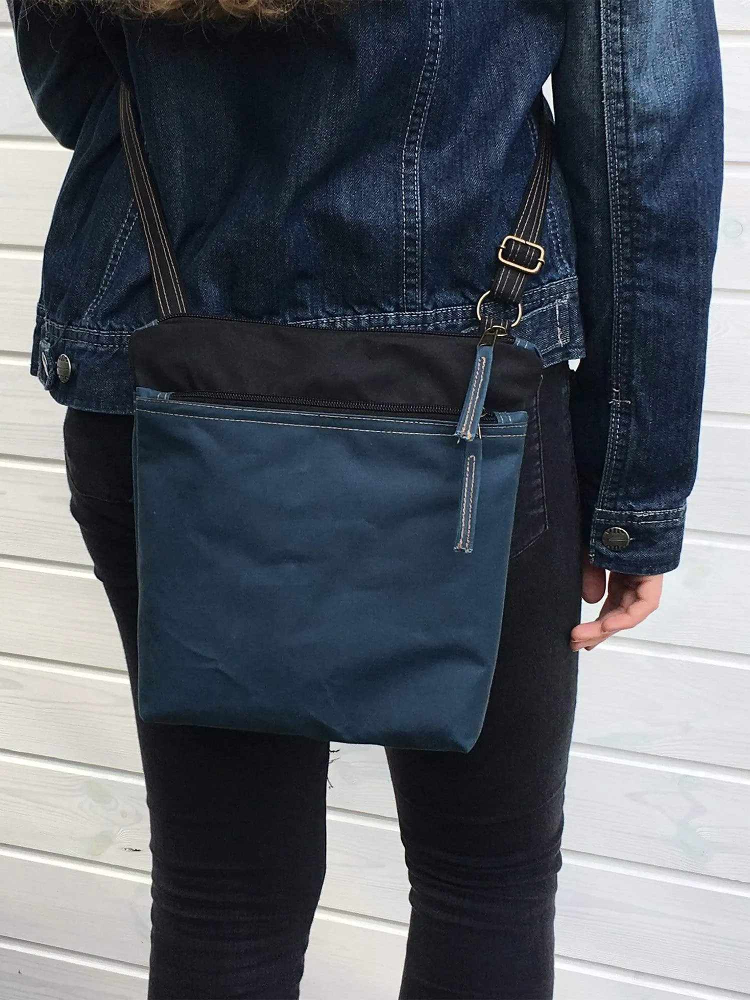 Denim Blue and Black Waxed Canvas Cross Body Bag | Aris Bags