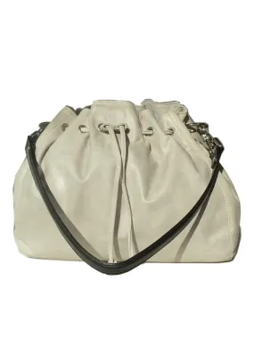 Drawstring Hobo Pouch Bag Napa Leather Grey Beige