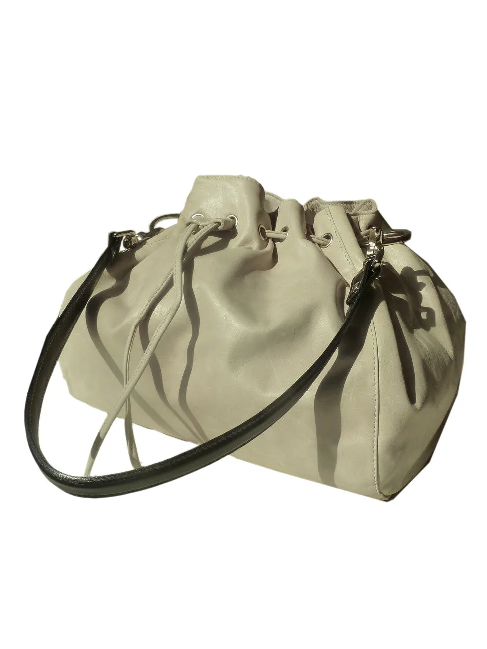 Drawstring Hobo Pouch Bag Napa Leather Grey Beige