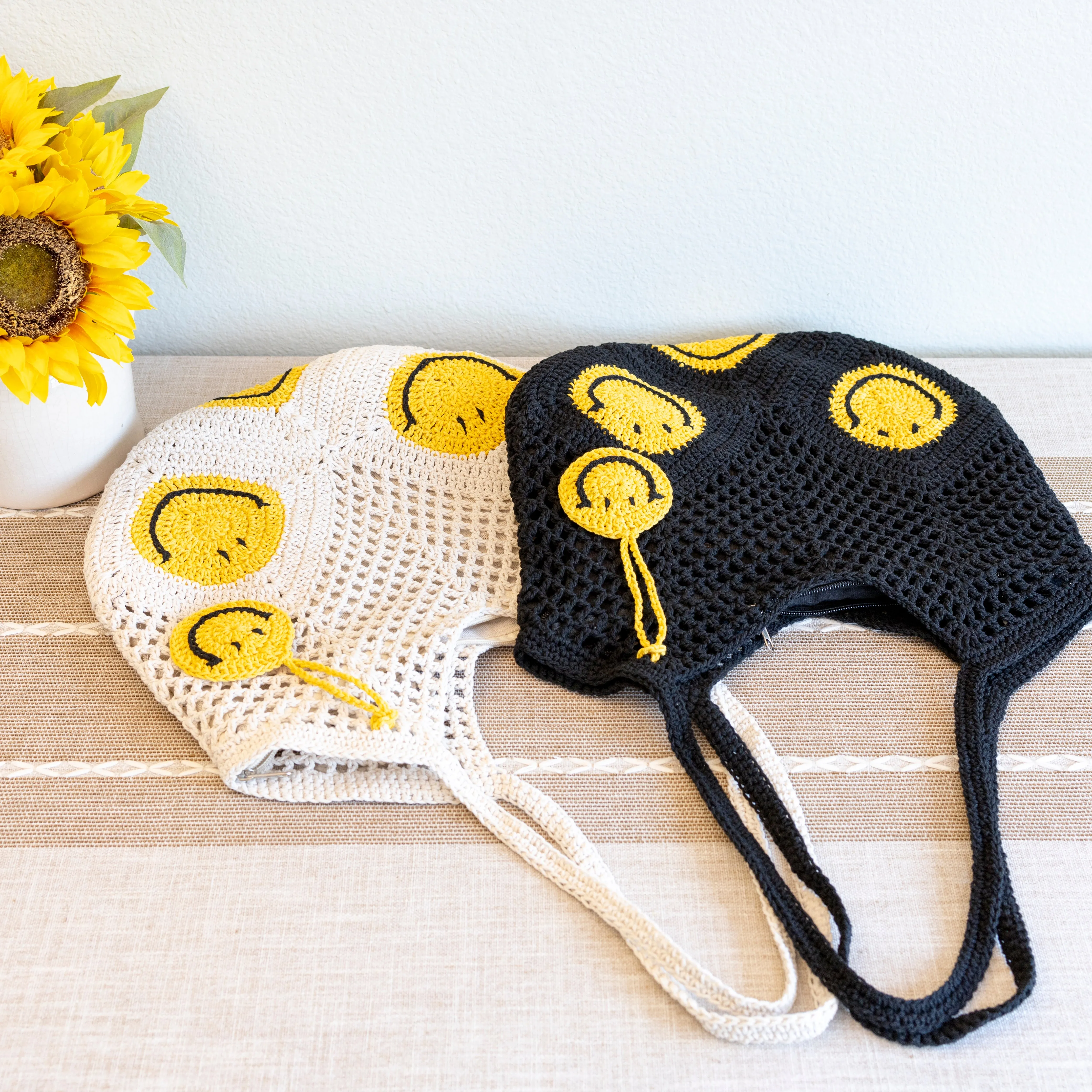 Elena Handbags Cotton Crochet Handmade Shoulder Bag with Smiley Face Design