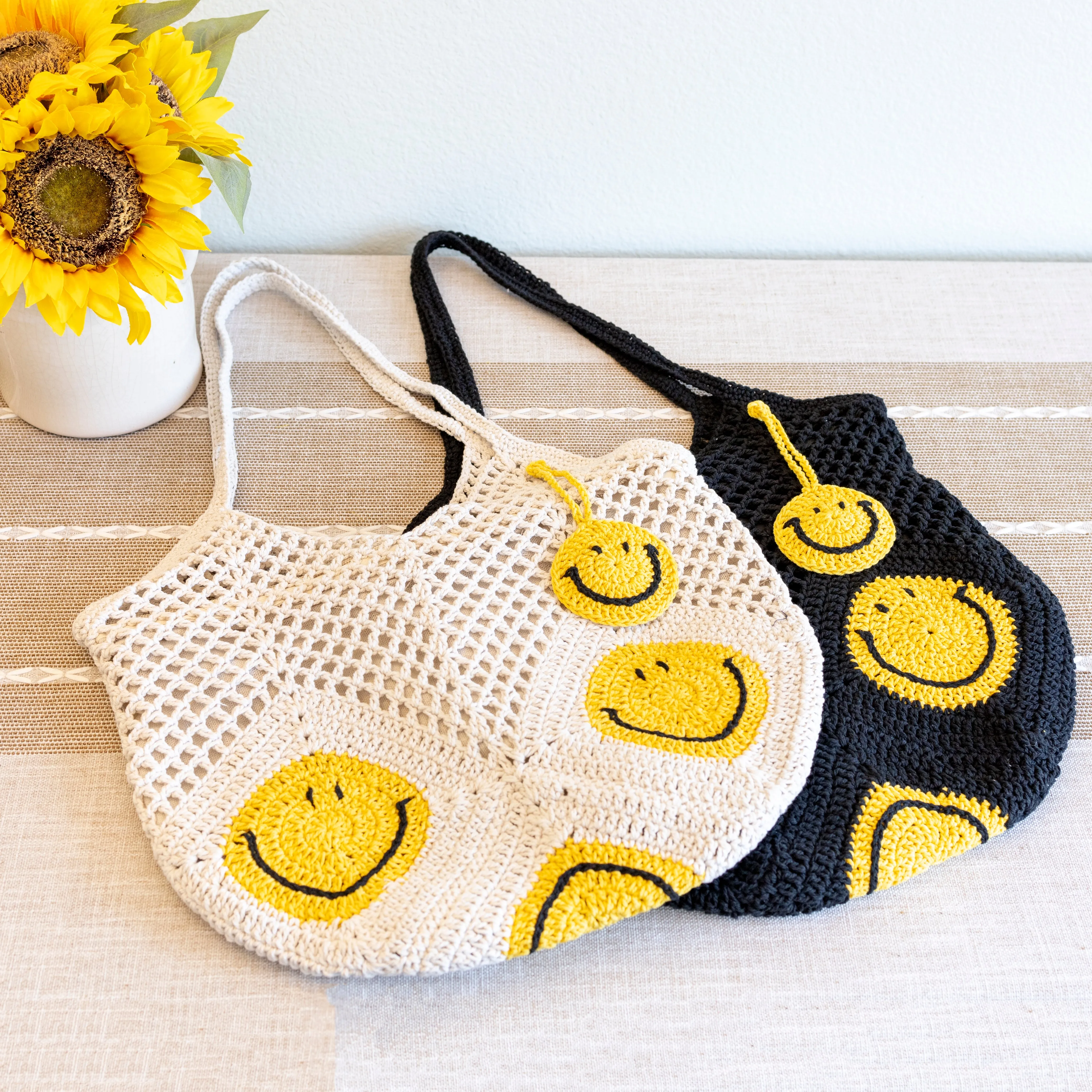 Elena Handbags Cotton Crochet Handmade Shoulder Bag with Smiley Face Design