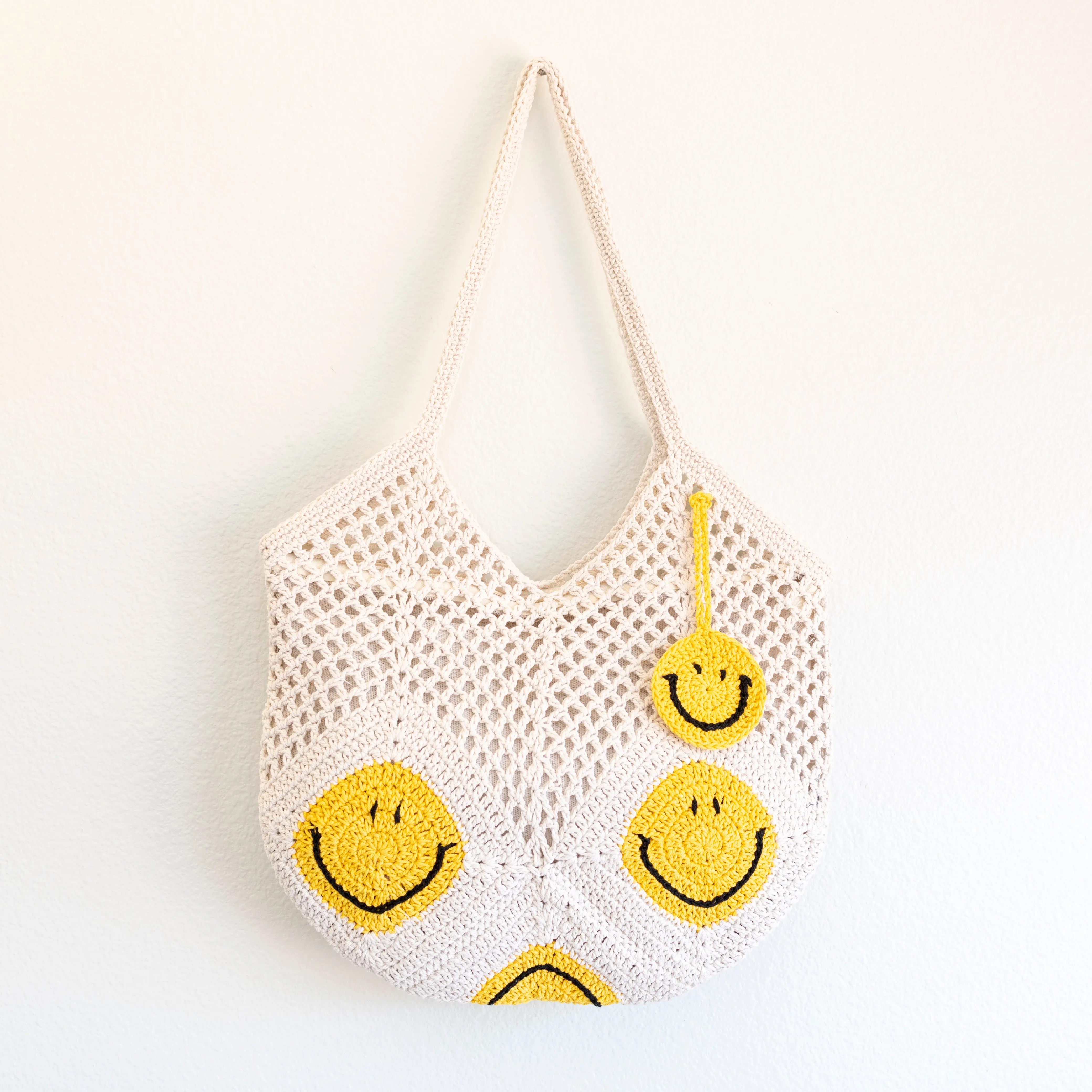 Elena Handbags Cotton Crochet Handmade Shoulder Bag with Smiley Face Design