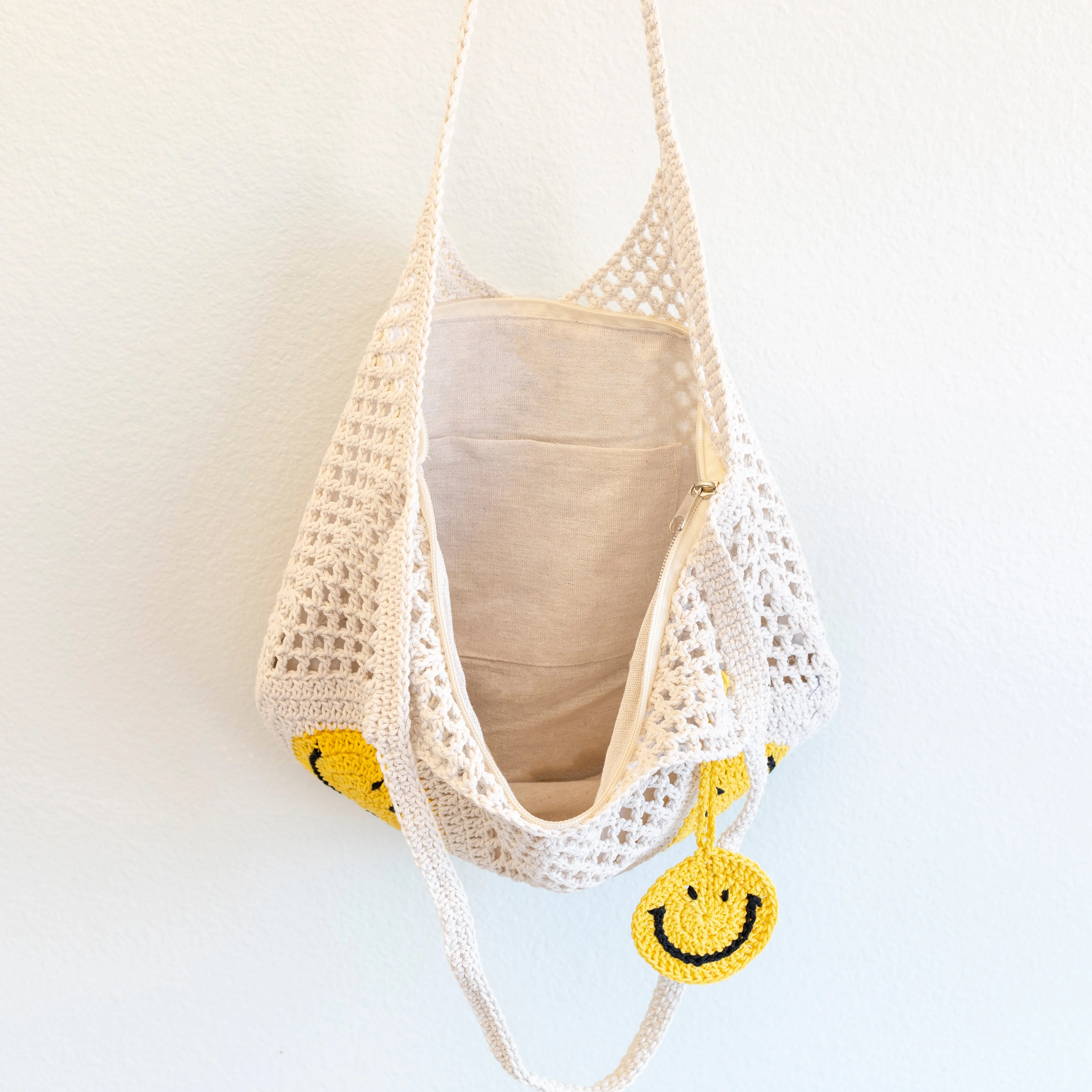 Elena Handbags Cotton Crochet Handmade Shoulder Bag with Smiley Face Design