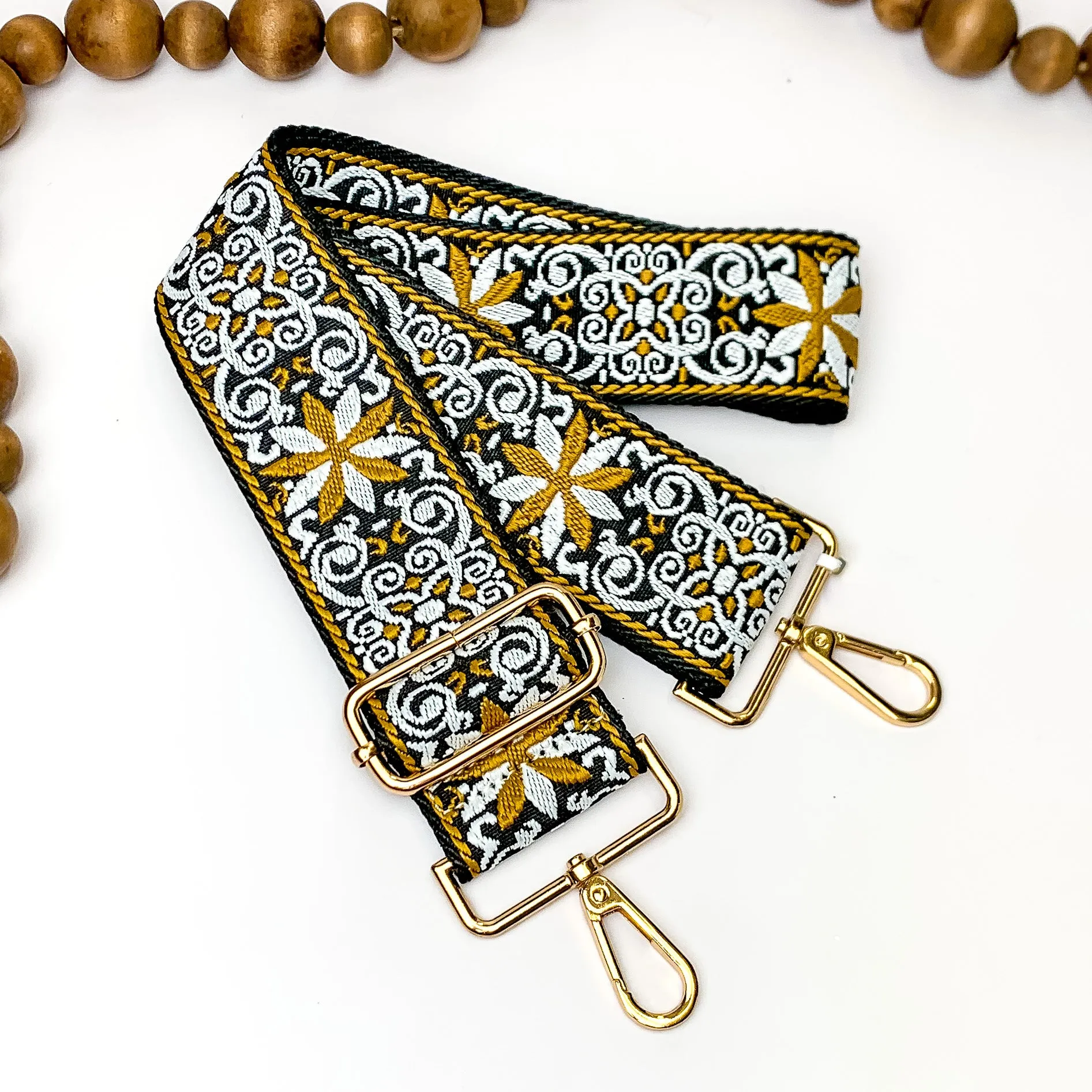 Embroidered Adjustable Purse Strap in Gold/White