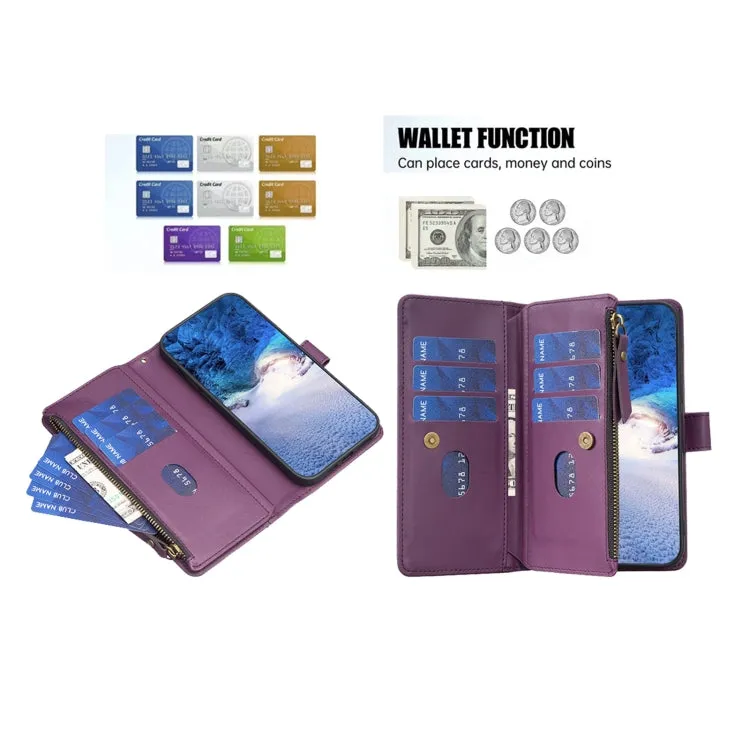 For OPPO A98 5G 9 Card Slots Zipper Wallet Leather Flip Phone Case(Dark Purple)