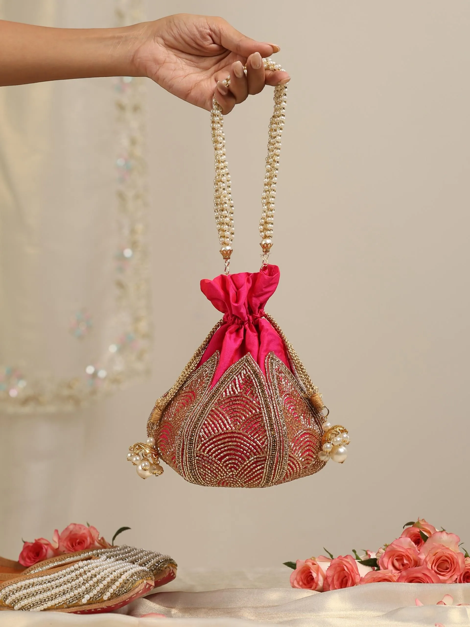 Fuchsia Embroidered Lotus Potli Bag