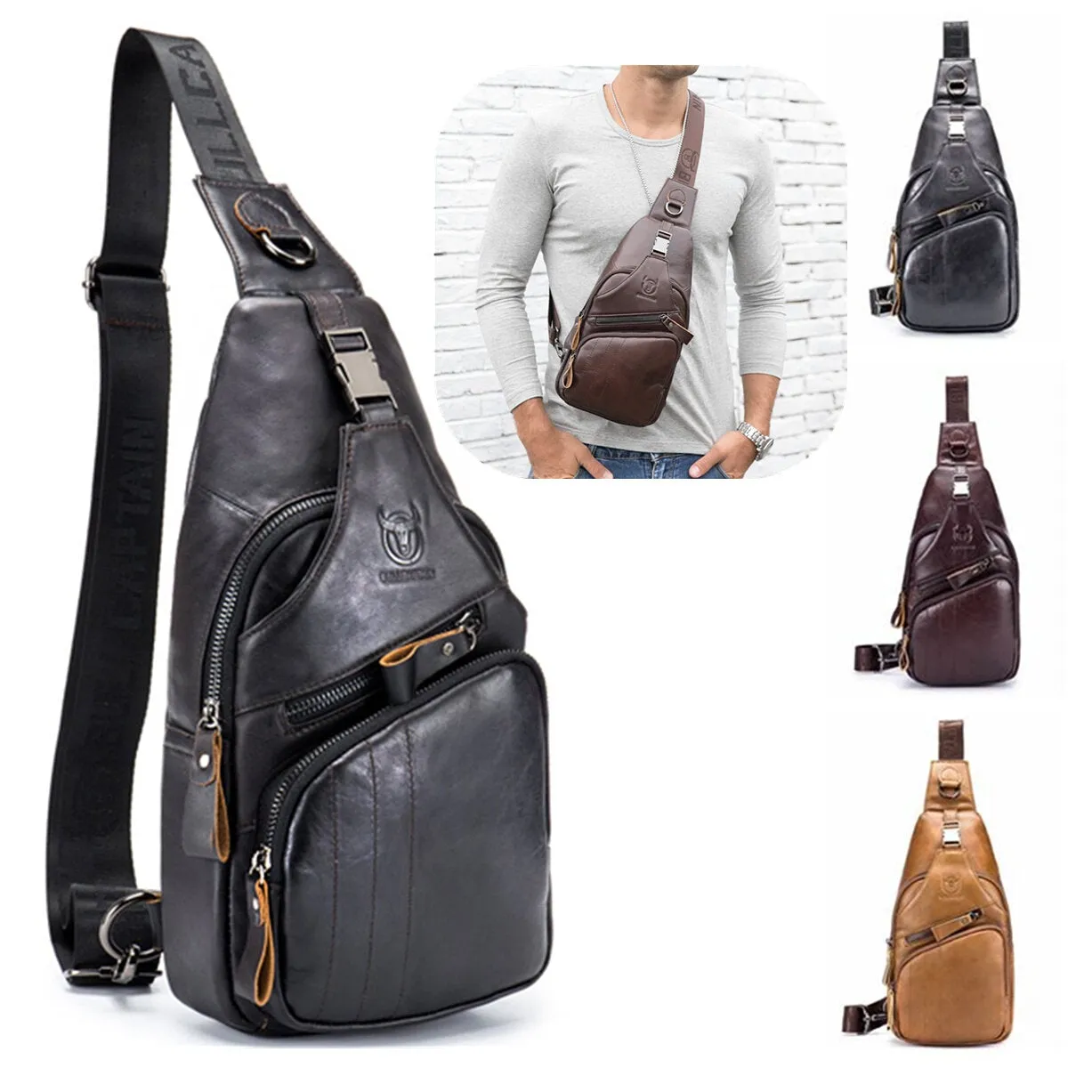 Genuine Leather Retro Chest Bag Outdoor Leisure Daypack Crossbody for Men