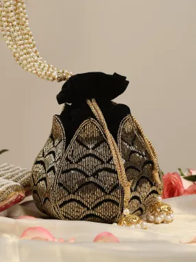 Gold and Black Lotus Potli Bag