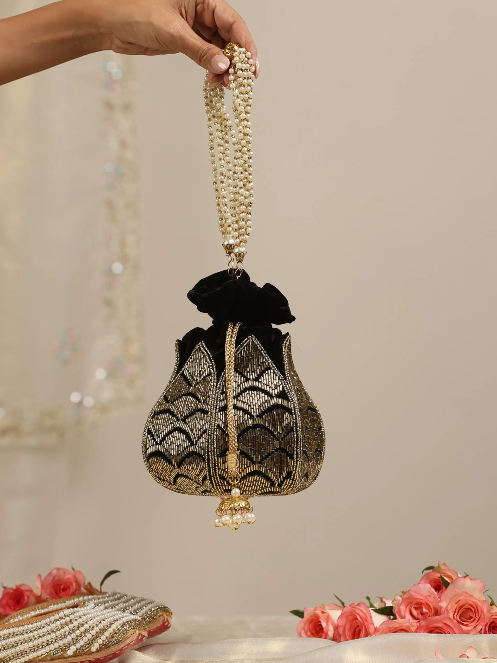 Gold and Black Lotus Potli Bag