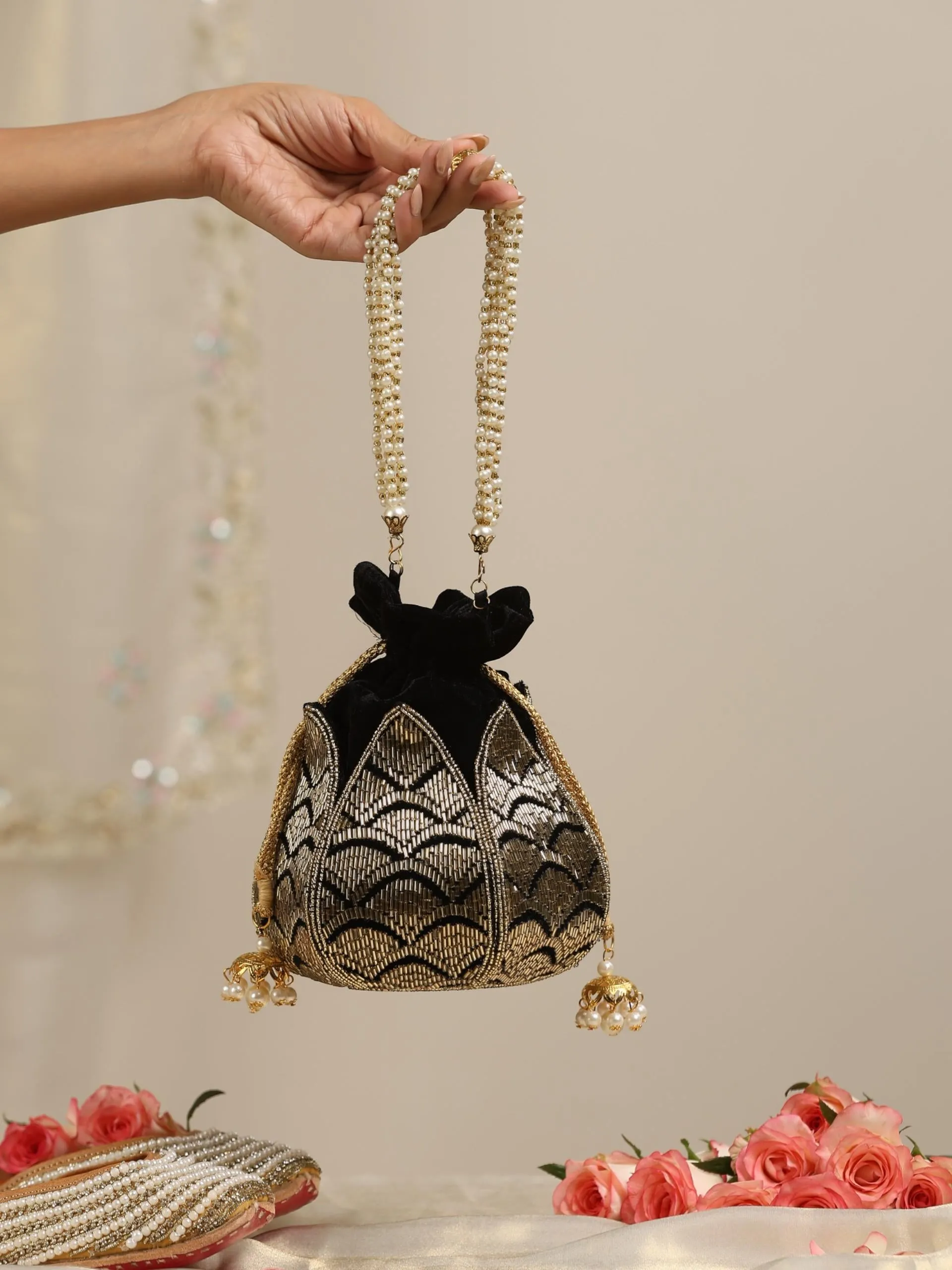 Gold and Black Lotus Potli Bag