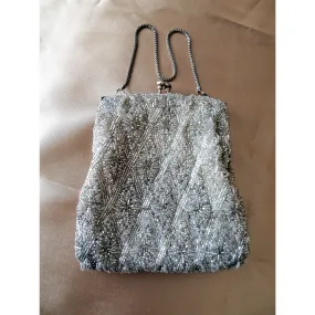 GORGEOUS Vintage 50s Evening Bag Purse, Stunning Hand Beaded Hand Bag Silver Clear Stones,Wear or Collect It,Collectible Vintage Purses