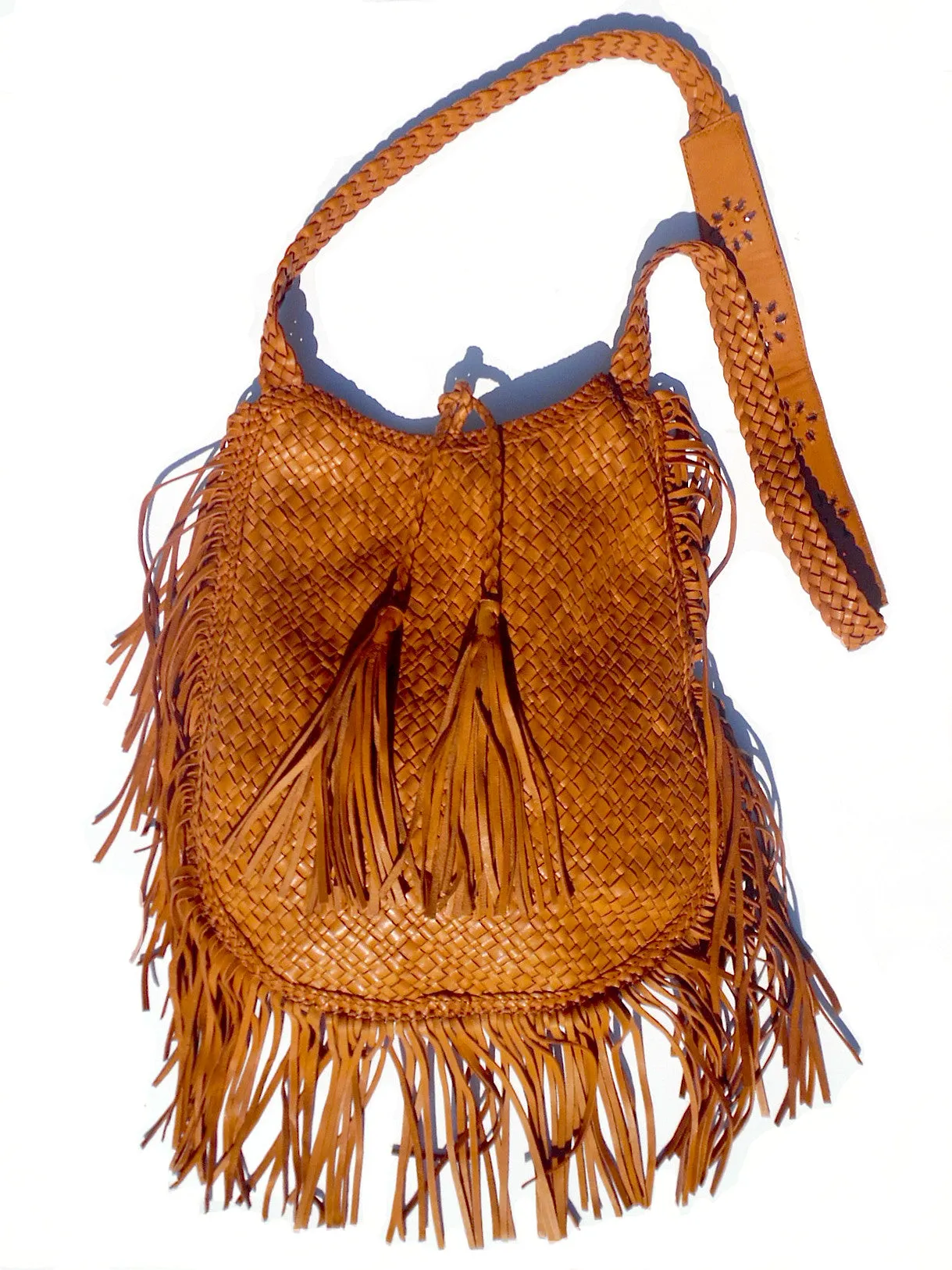 Hand Woven Leather Shoulder Cross Body Bag And Fringe Cognac