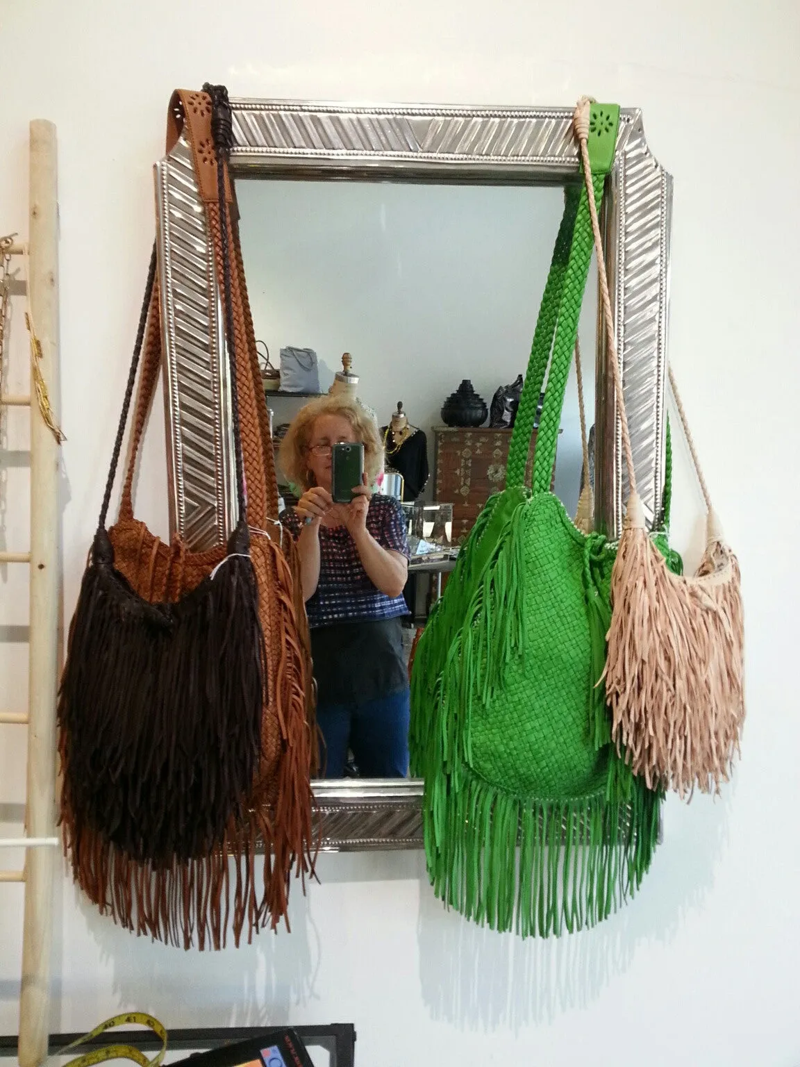 Hand Woven Leather Shoulder Cross Body Bag And Fringe Cognac