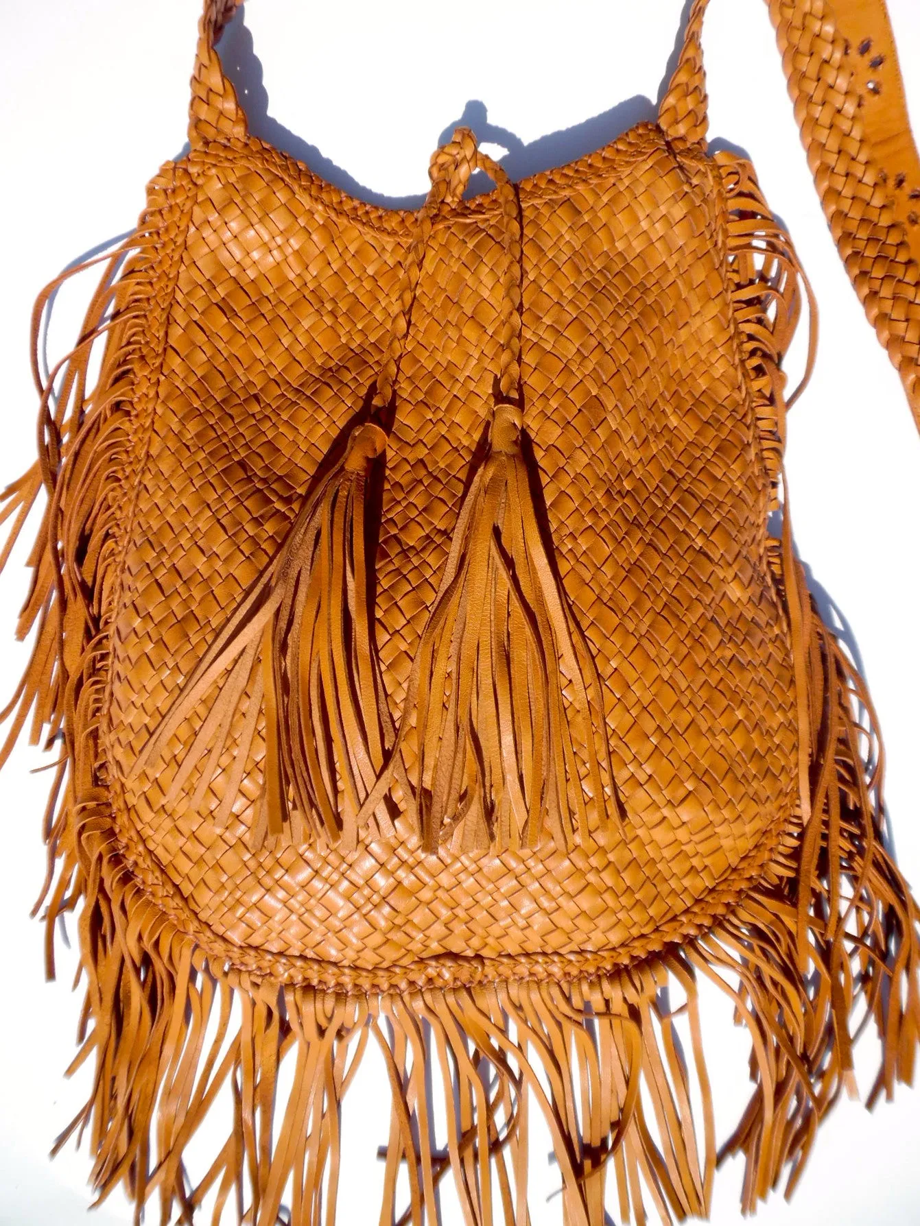 Hand Woven Leather Shoulder Cross Body Bag And Fringe Cognac