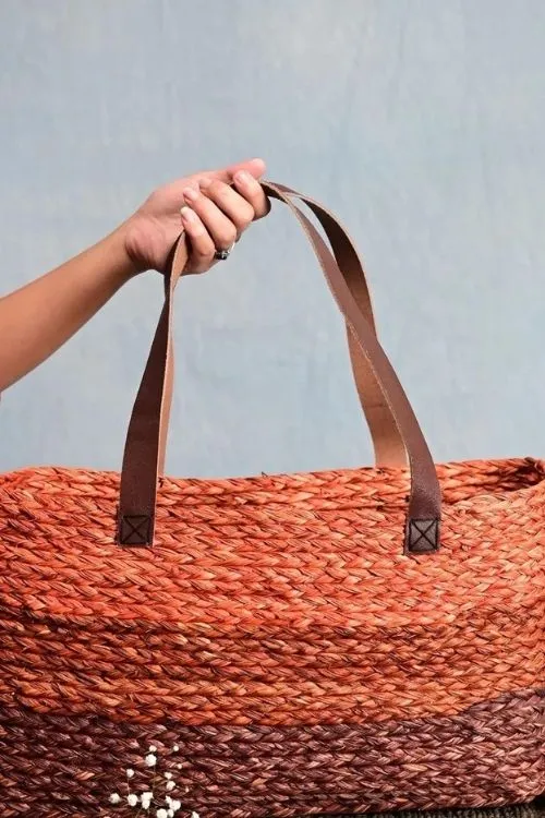 Handmade Sabai Grass Shopping Bag - Orange & Red