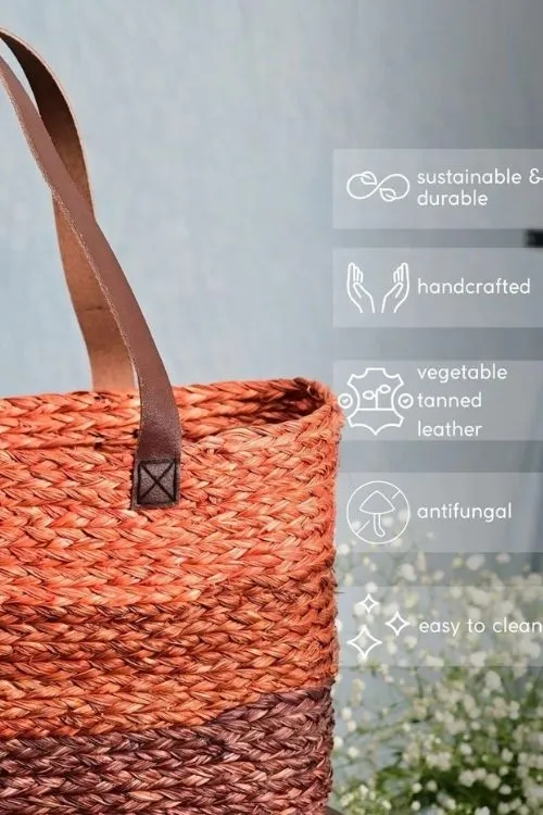 Handmade Sabai Grass Shopping Bag - Orange & Red