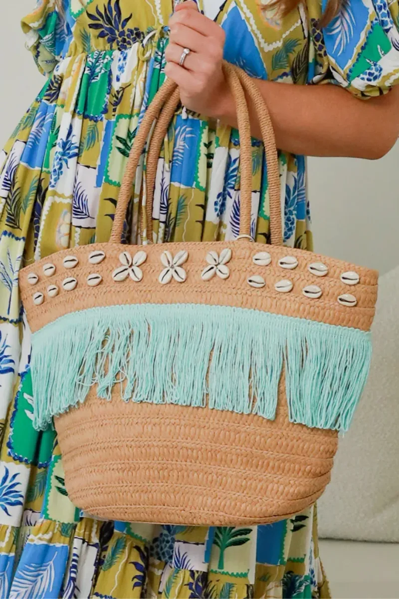 Isabella Boho Aqua Fringe Shell Straw Beach Bag