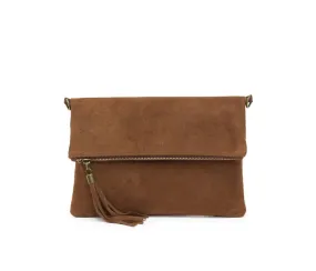 Italian Designer Foldover Plain Suede Leather Clutch-Eleganza Dark tan