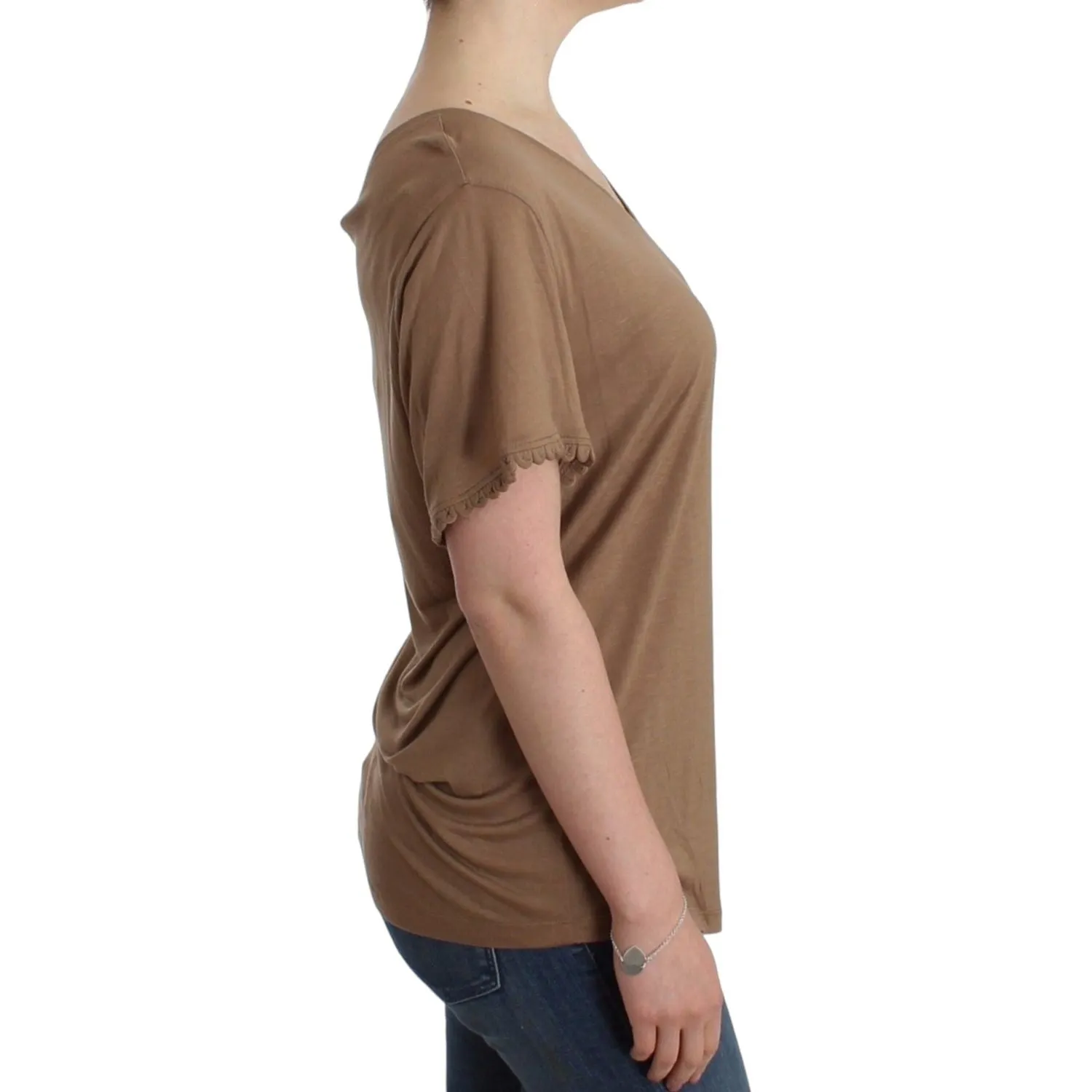 John Galliano Elegant Short-Sleeved Brown Rayon Top