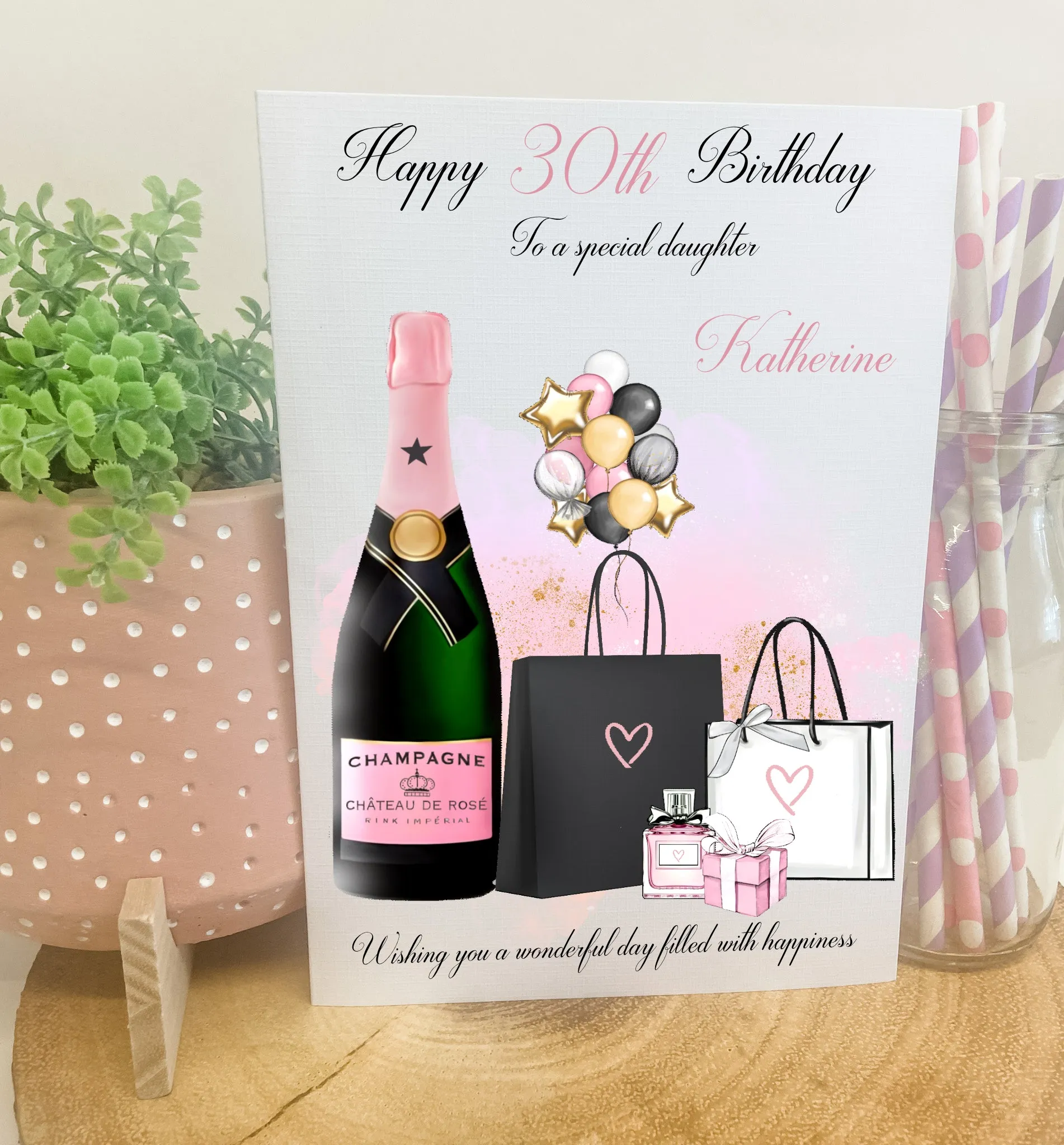 Large A4 Personalised Female Birthday Card Shopping Champagne Balloons