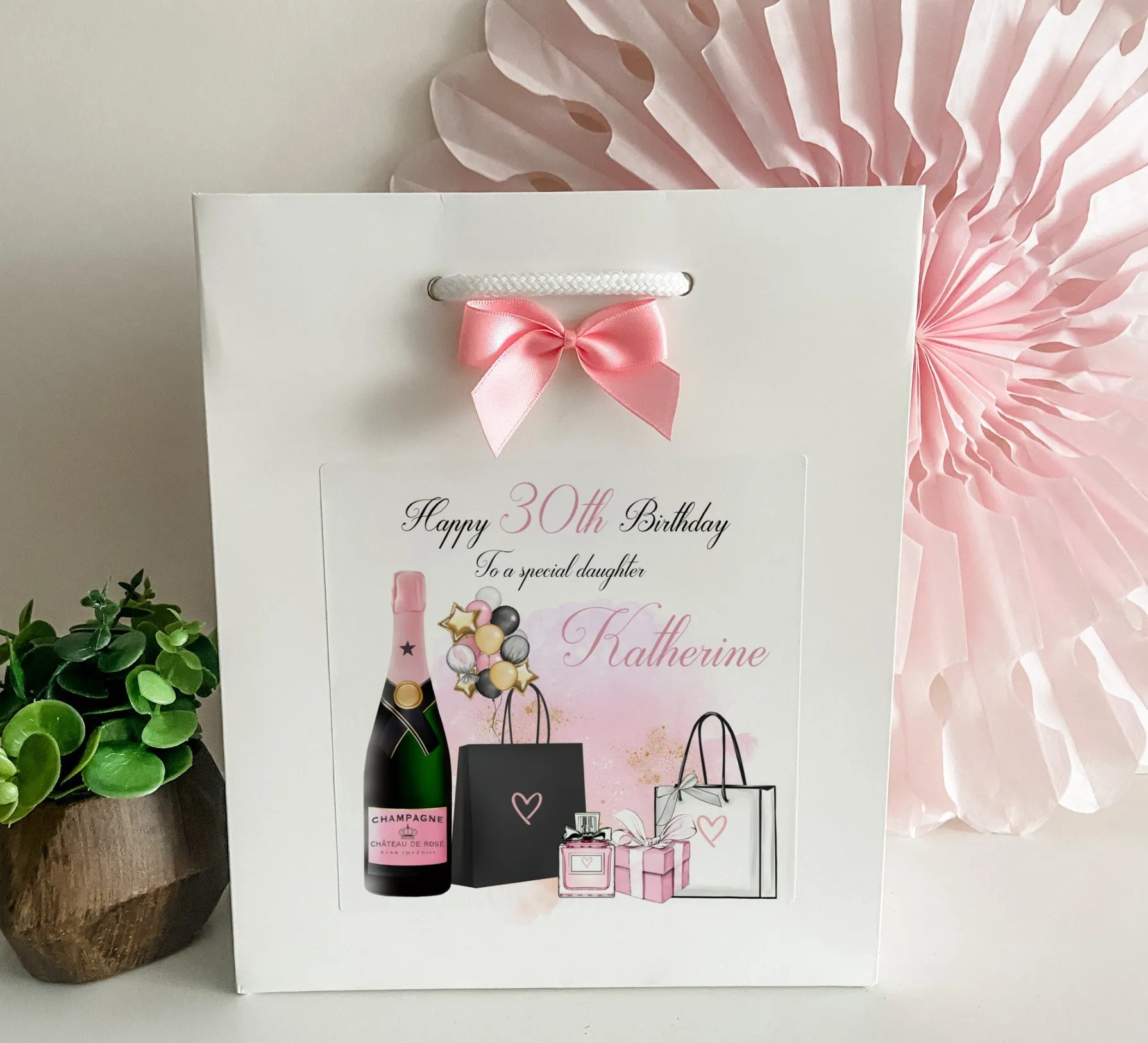 Large A4 Personalised Female Birthday Card Shopping Champagne Balloons