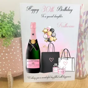 Large A4 Personalised Female Birthday Card Shopping Champagne Balloons