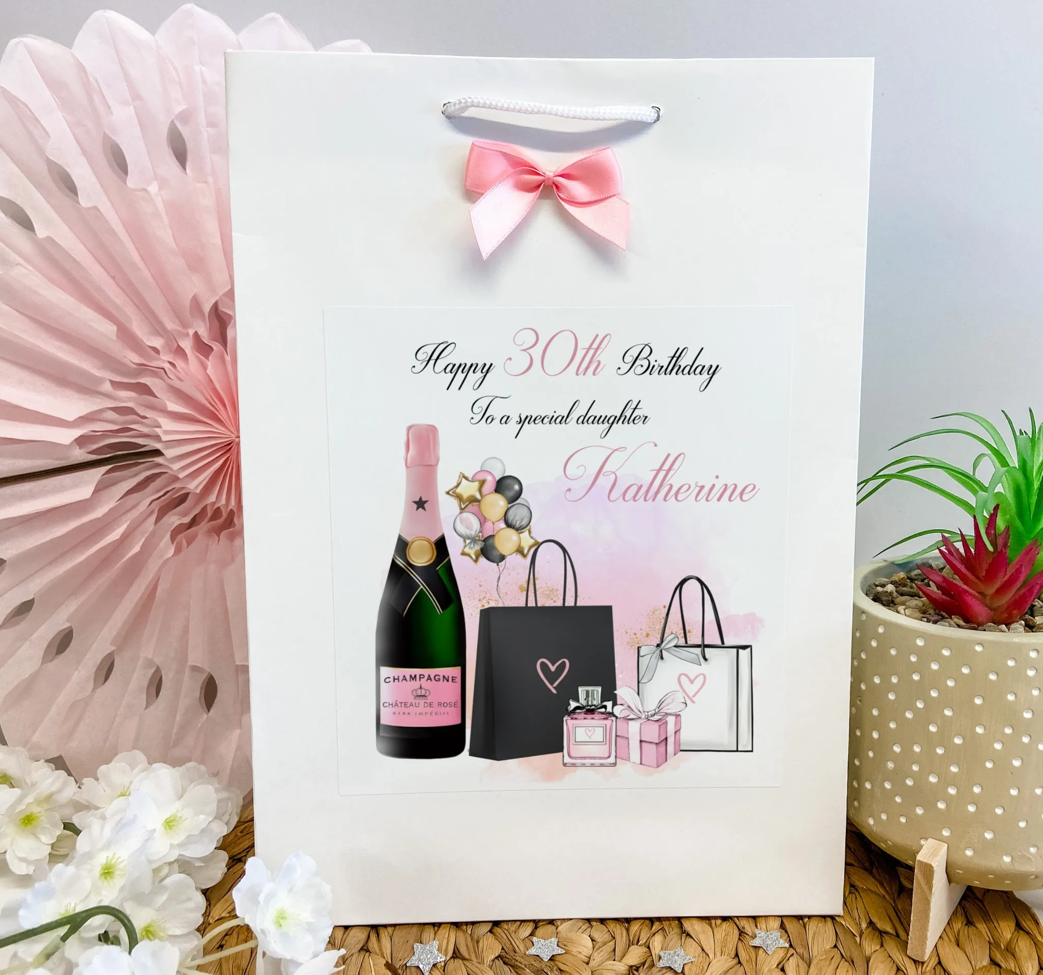 Large A4 Personalised Female Birthday Card Shopping Champagne Balloons