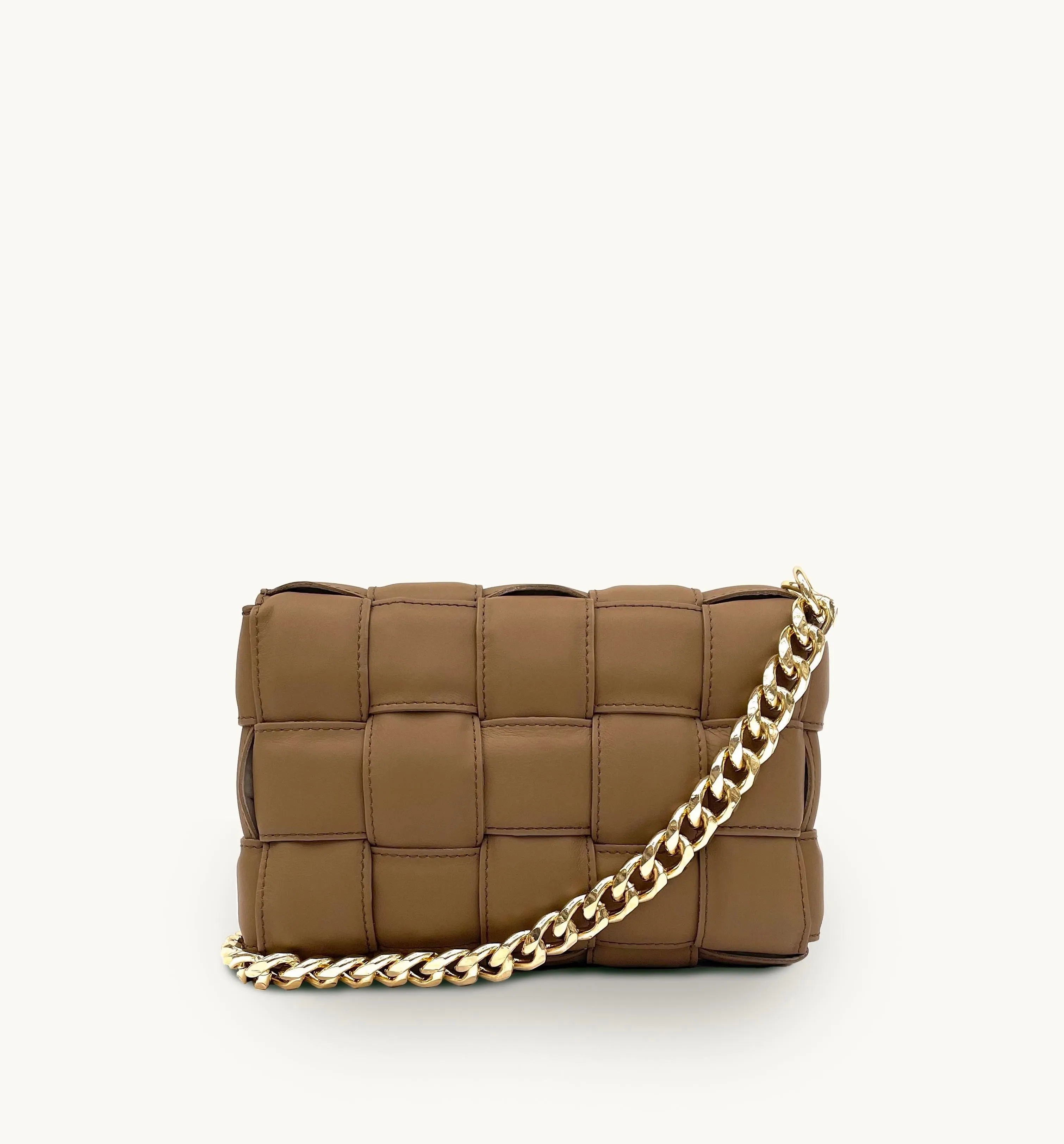 Latte Padded Woven Leather Crossbody Bag With Gold Chain Strap