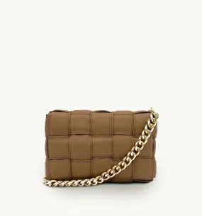 Latte Padded Woven Leather Crossbody Bag With Gold Chain Strap