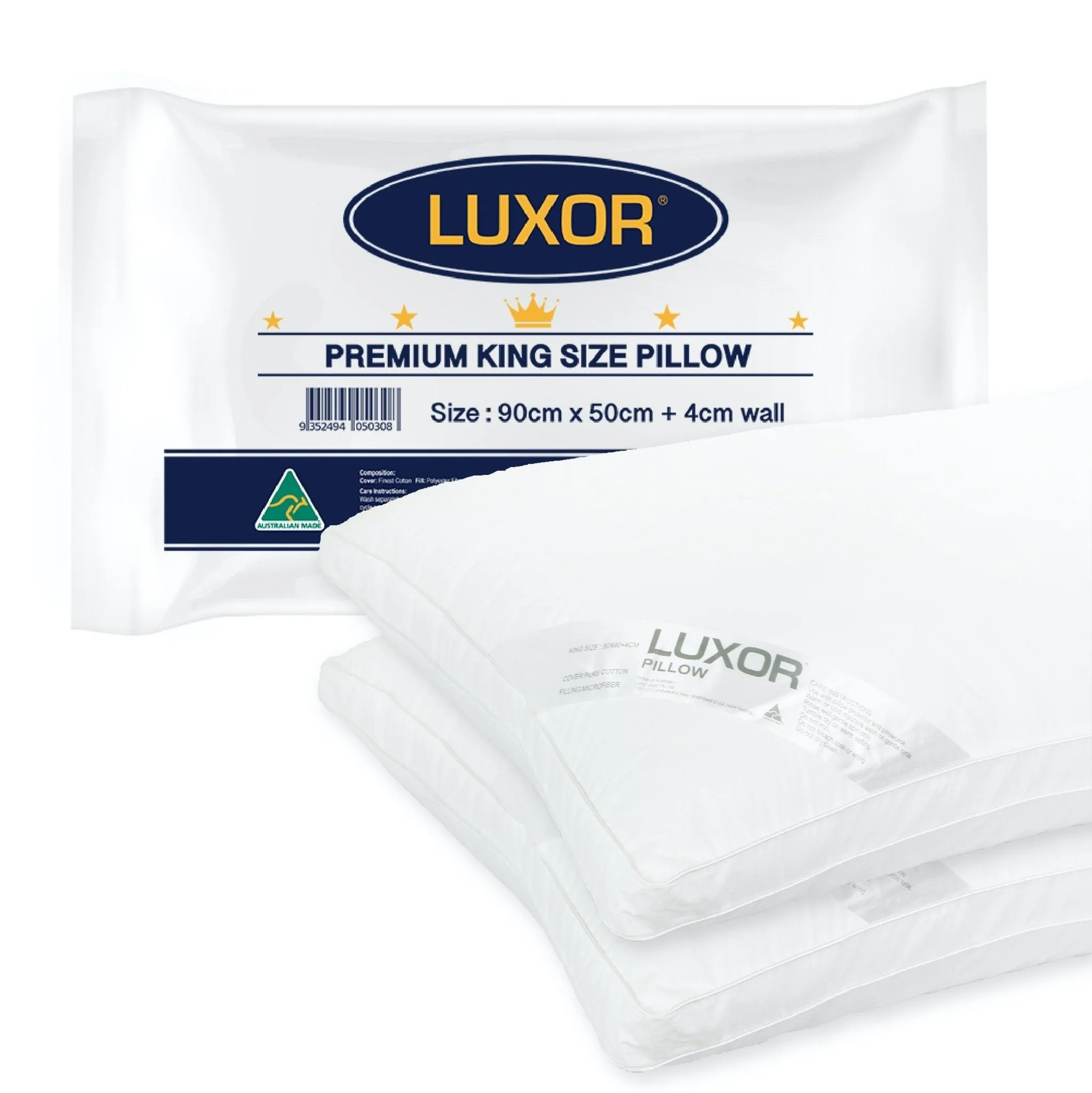 Luxor Australian Made Deluxe Hotel Quality King Size Pillow with 4cm Wall Twin Pack