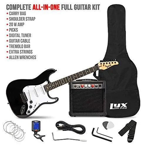 LyxPro Electric Guitar 39" inch Complete Beginner Starter kit Full Size with 20w Amp, Package Includes All Accessories, Digital Tuner, Strings, Picks, Tremolo Bar, Shoulder Strap, and Case Bag - Black