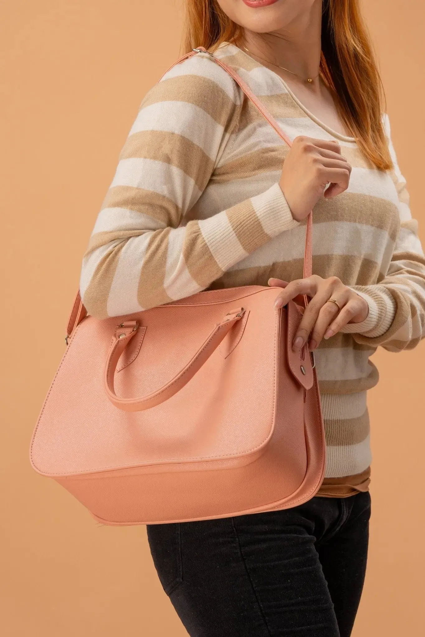 MARGAUX Classic Handbag with Sling in Salmon Pink