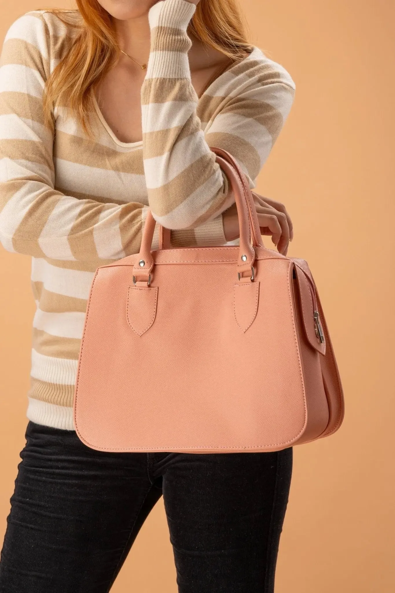 MARGAUX Classic Handbag with Sling in Salmon Pink