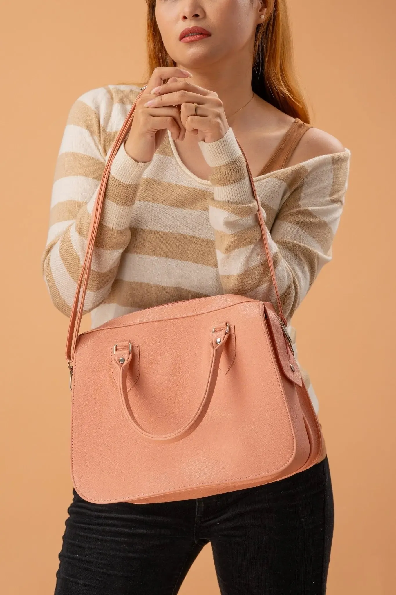 MARGAUX Classic Handbag with Sling in Salmon Pink